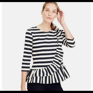 J Crew navy blue/white striped 3/4 length sleeve ruffle top size XS